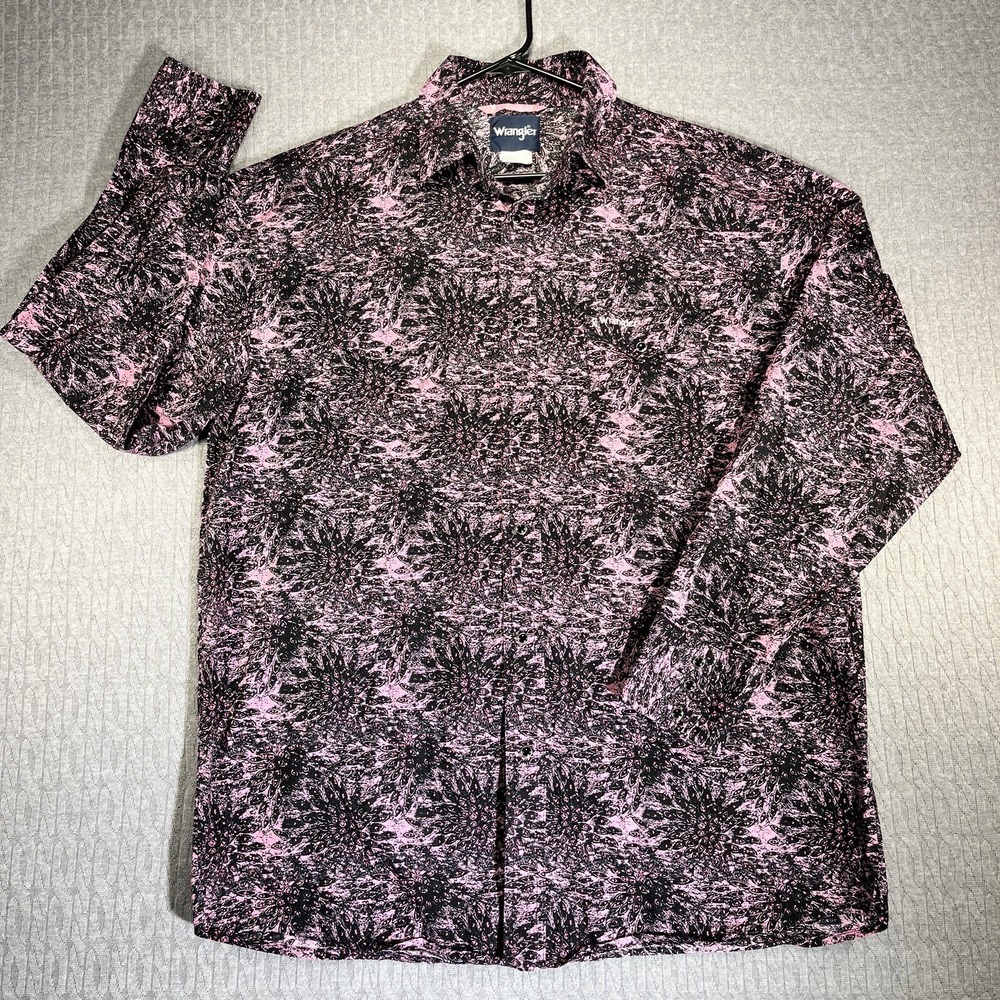 Wrangler Pearl Snap Shirt Mens XL Pink Black Abstract Print Breast Cancer Aware